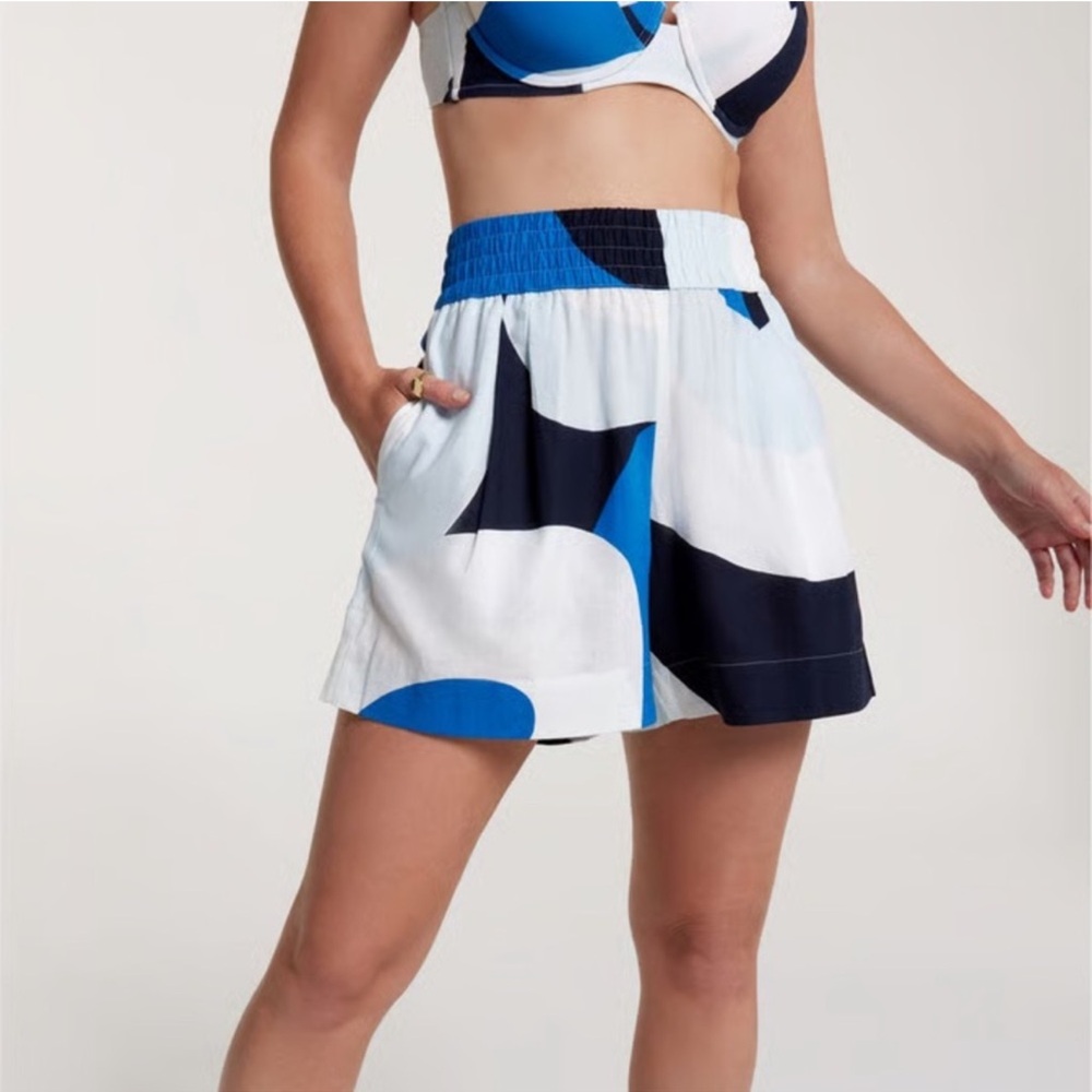 CALIA Inverted Pleat Pull On Short Wavy Blocks Blue Swim Coverup Size XS NWT